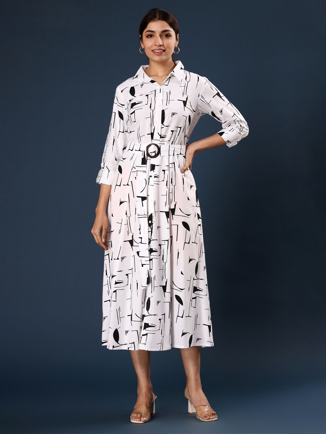 

FASHION DWAR Abstract Printed Shirt Collar A-Line Midi Dress, White