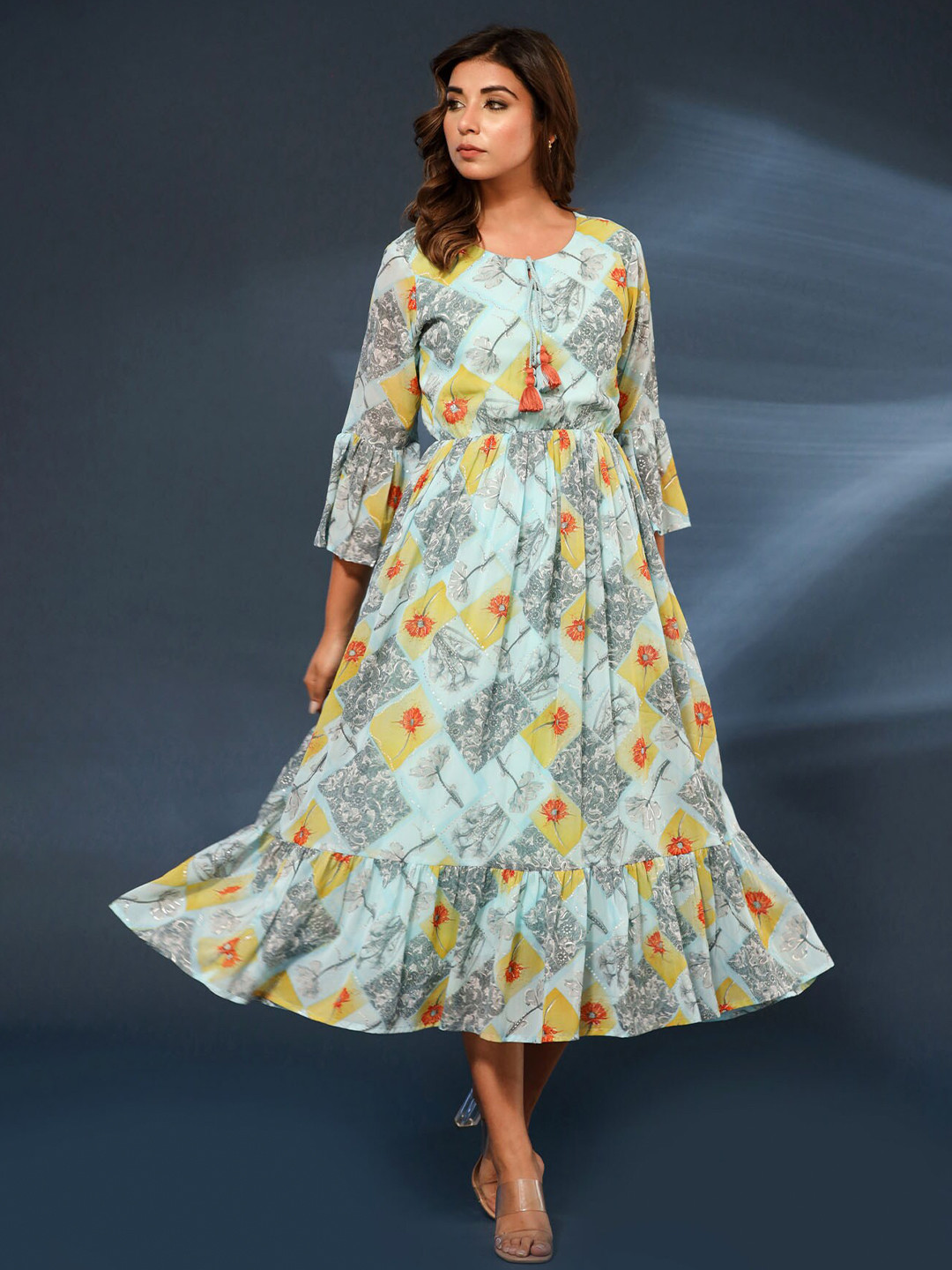 

FASHION DWAR Floral Print Georgette Bell Sleeve Applique Georgette Fit & Flare Midi Dress, Green