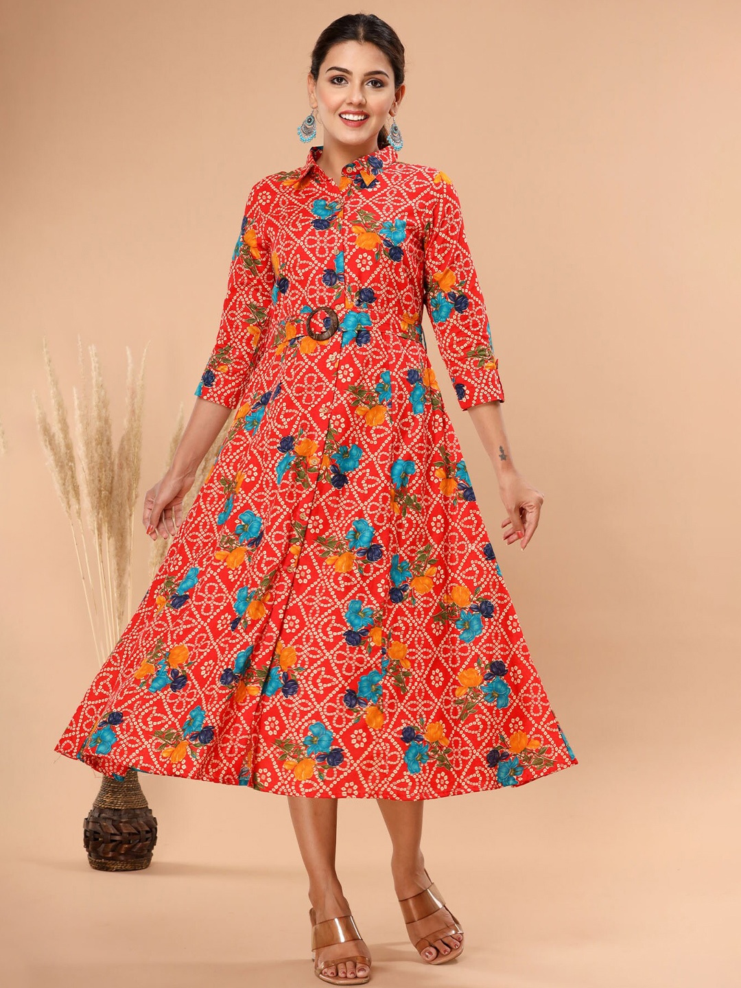 FASHION DWAR Floral Print Shirt Collar Applique Georgette A-Line Midi Dress, Red