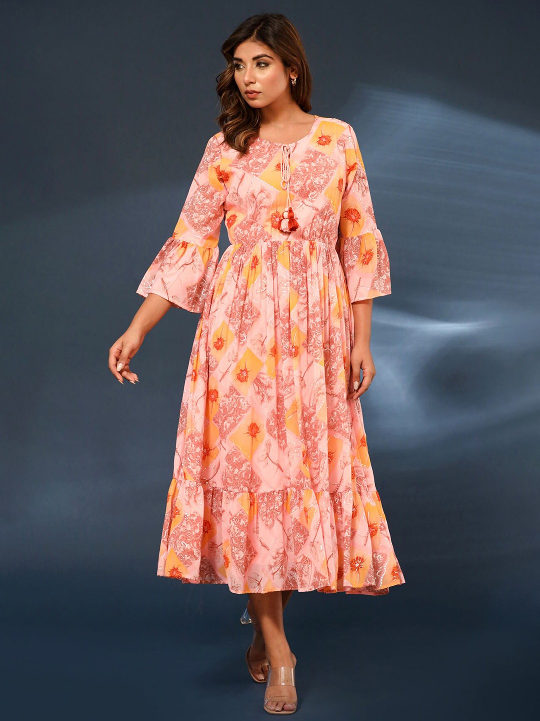 

FASHION DWAR Floral Print Bell Sleeve Applique Georgette Fit & Flare Midi Dress, Pink