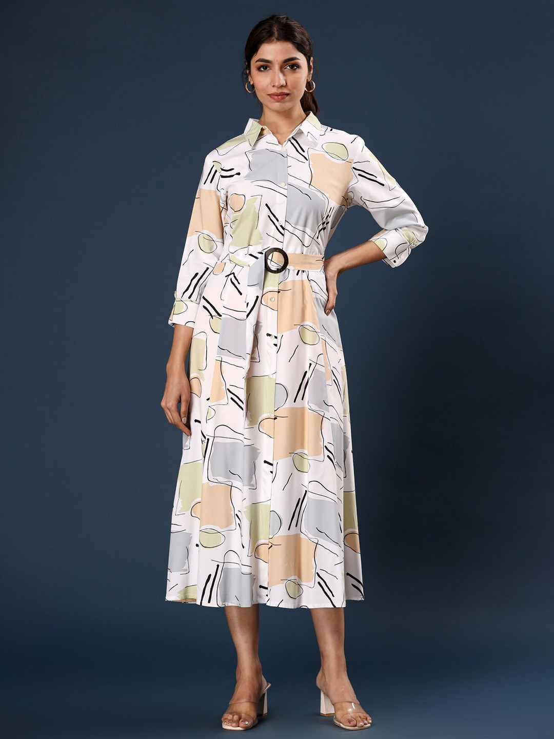 

FASHION DWAR Geometric Print Shirt Collar Applique Fit & Flare Midi Dress, White