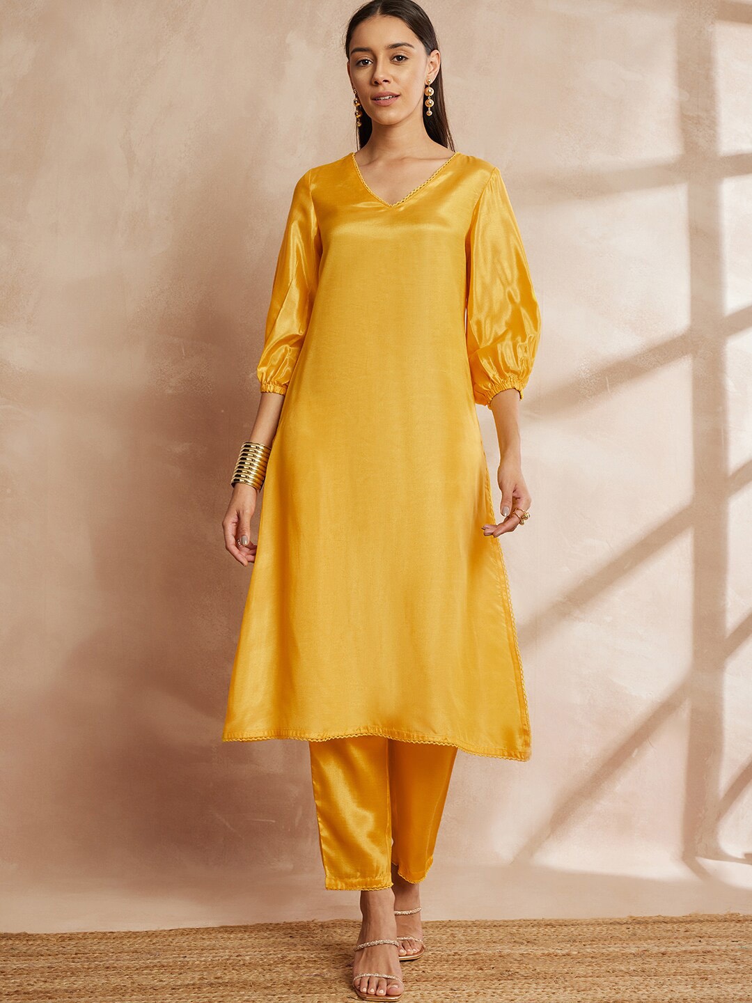 

all about you V-Neck Three-Quarter Sleeves Puffed Sleeves A-Line Kurta with Trousers, Yellow