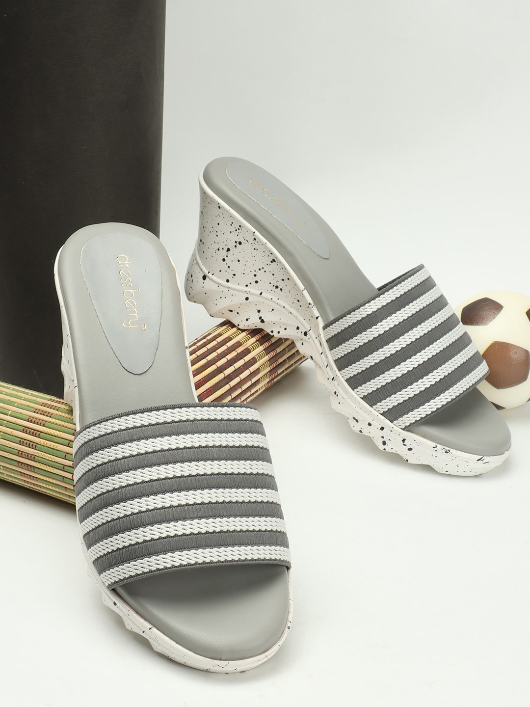

DressBerry Striped Open Toe Wedge Heels, Grey