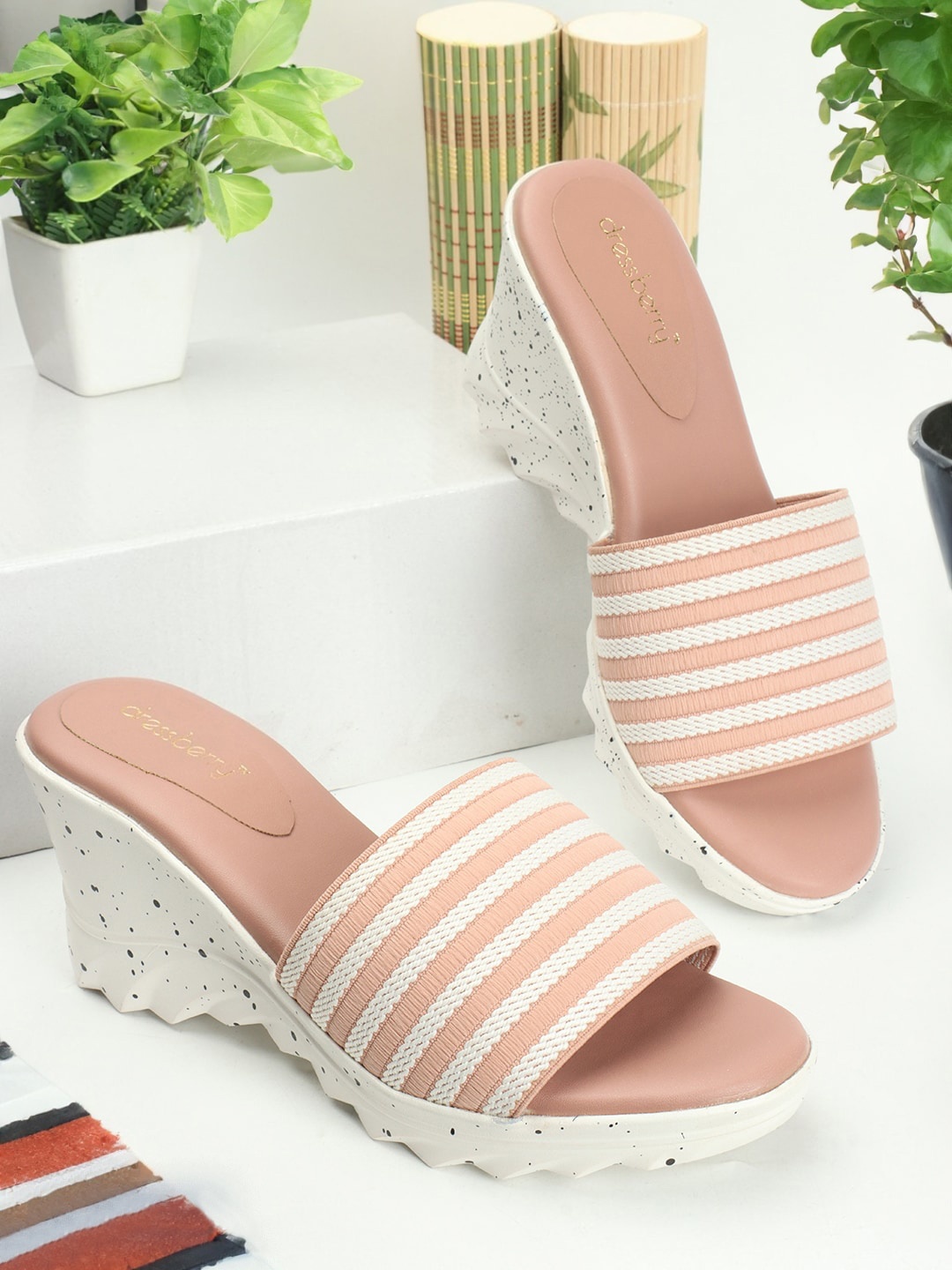 

DressBerry Striped Open Toe Wedge Heels, Pink