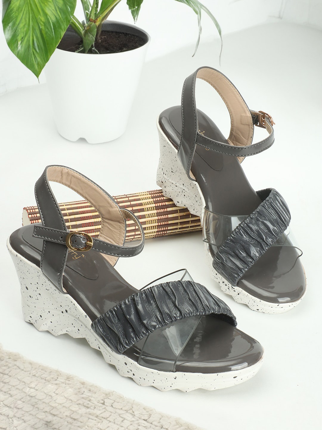

DressBerry Textured Open Toe Wedge Heels, Grey