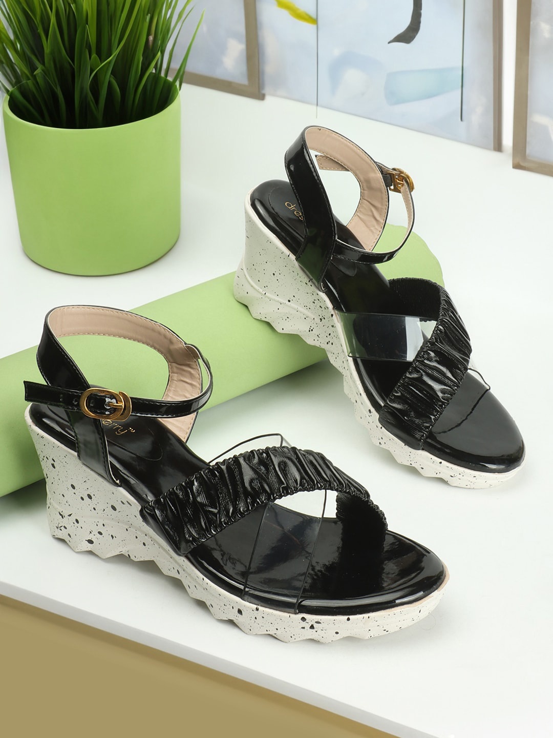 

DressBerry Textured Open Toe Wedge Heels, Black