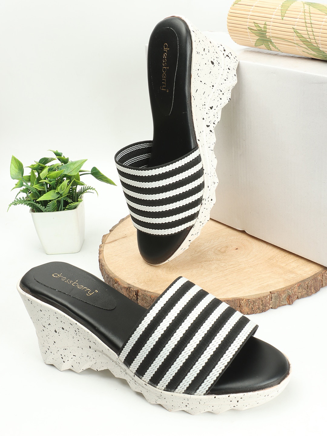 

DressBerry Striped Open Toe Wedge Heels, Black