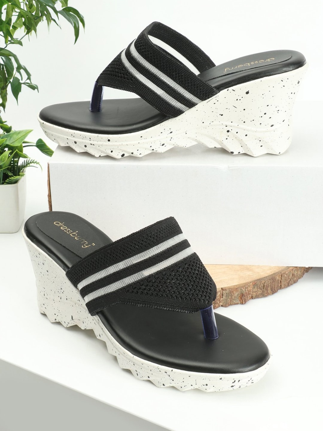 

DressBerry Striped Open Toe Wedge Heels, Black