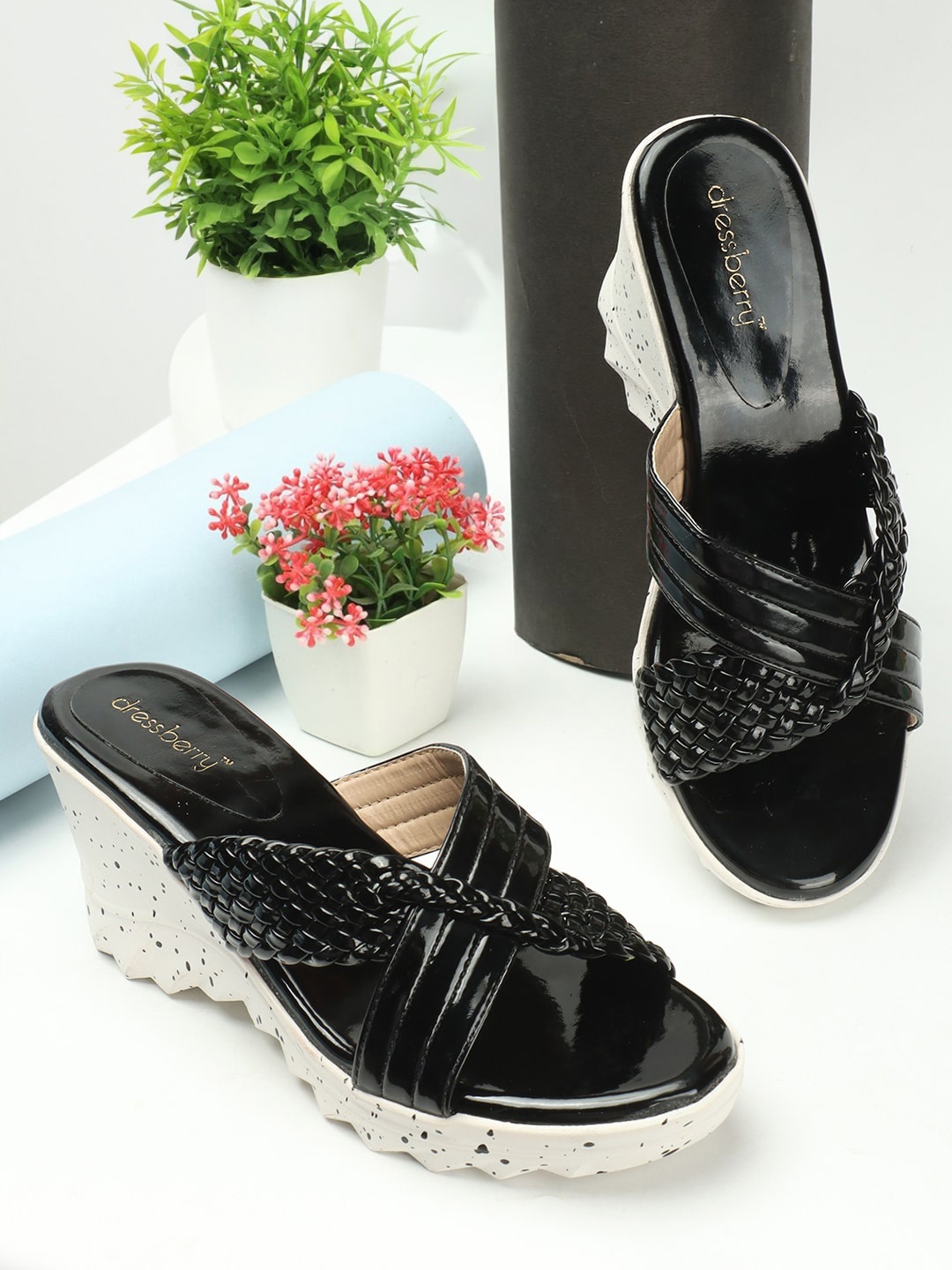 

DressBerry Textured Open Toe Wedge Heels, Black