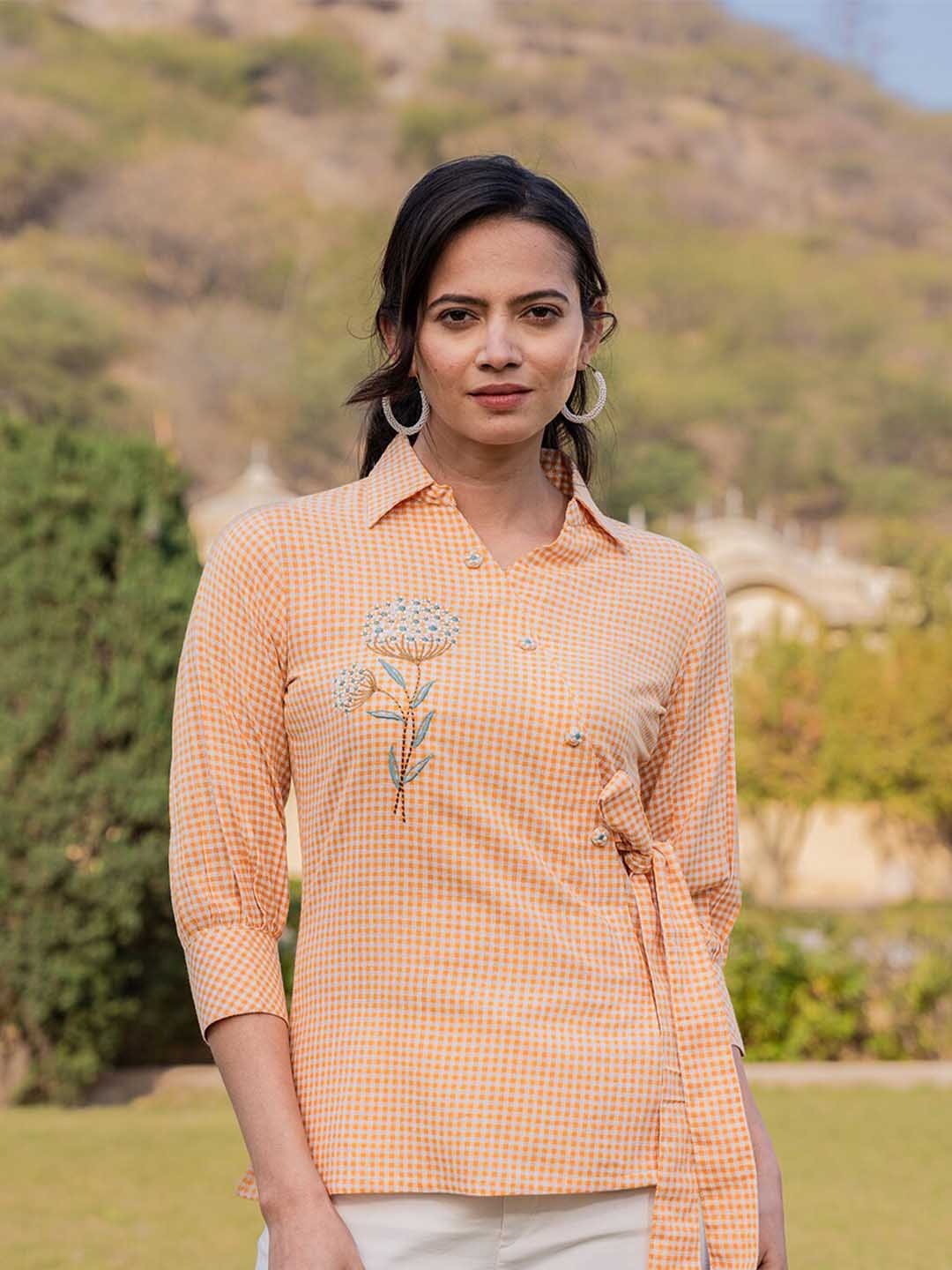 

Yufta Printed Shirt Collar Cuffed Sleeves Cotton Shirt Style Top, Mustard
