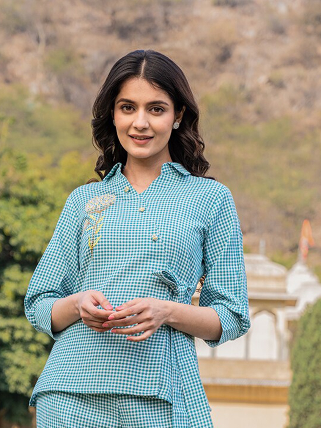 

Yufta Printed Shirt Collar Cuffed Sleeves Cotton Shirt Style Top, Sea green