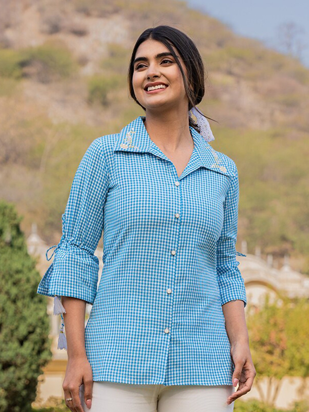 

Yufta Printed Shirt Collar Bell Sleeves Cotton Shirt Style Top, Blue