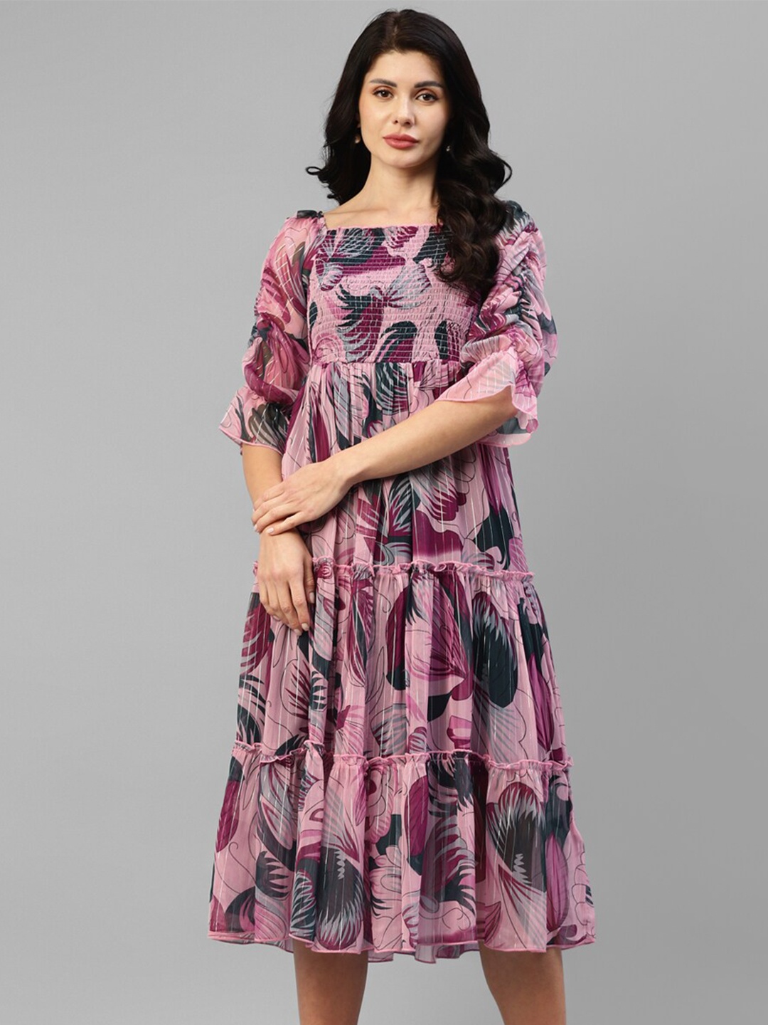 

DEEBACO Floral Printed Bell Sleeve Fit & Flare Midi Dress, Lavender