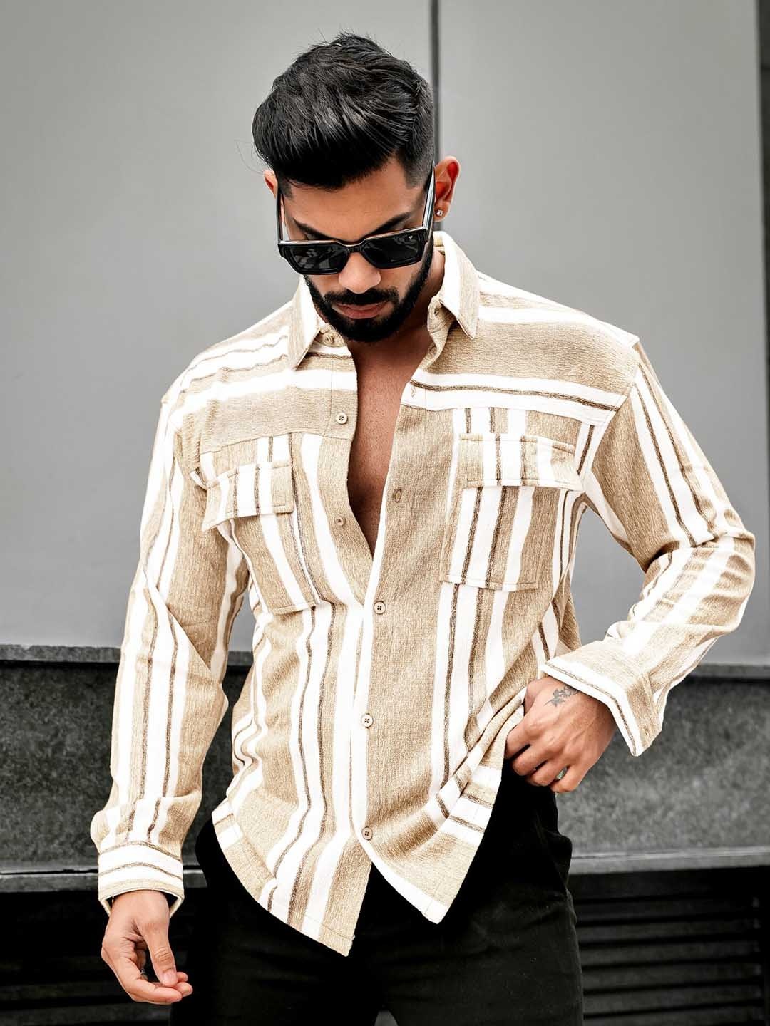 Maniac Relaxed Vertical Stripes Spread Collar Opaque Striped Oversized Casual Shirt, Beige