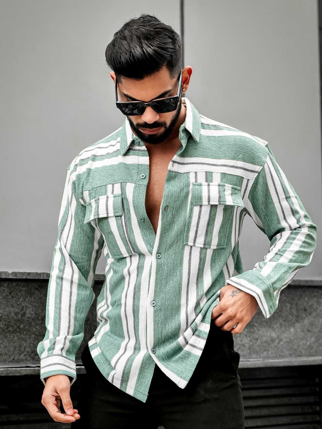 

Maniac Relaxed Striped Knitted Oversized Casual Shirt, Green