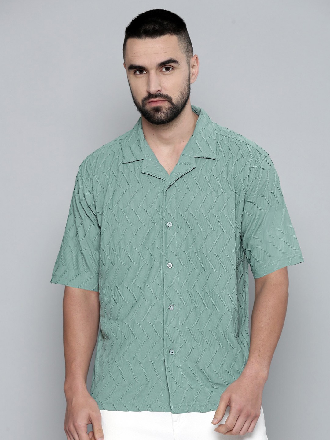 

Maniac Relaxed Self Design Cuban Collar Knitted Oversized Casual Shirt, Green