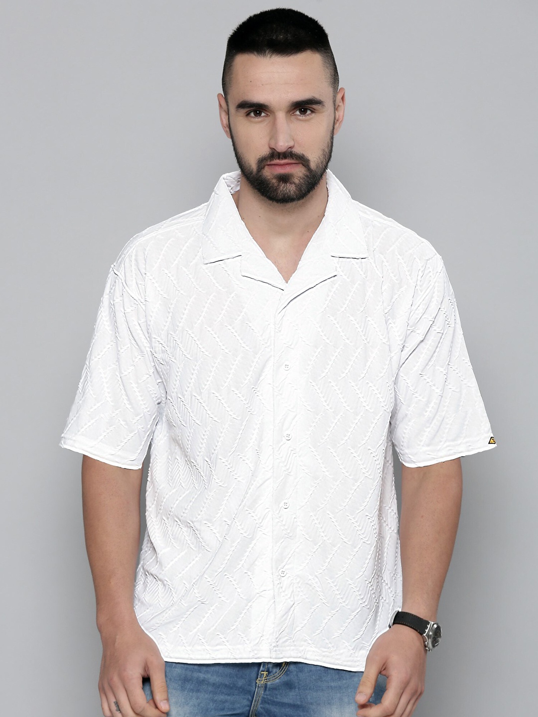 

Maniac Relaxed Self Design Knitted Oversized Casual Shirt, White