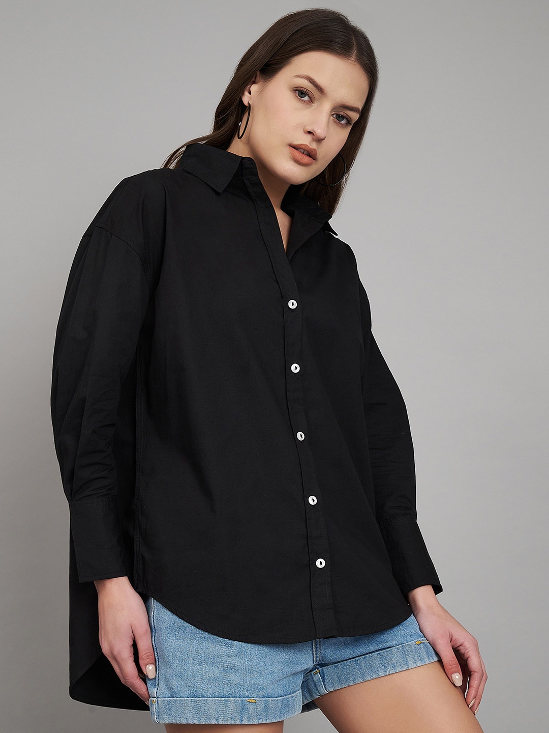 

Fab Star Spread Collar Cotton Classic Opaque Oversized Shirt, Black