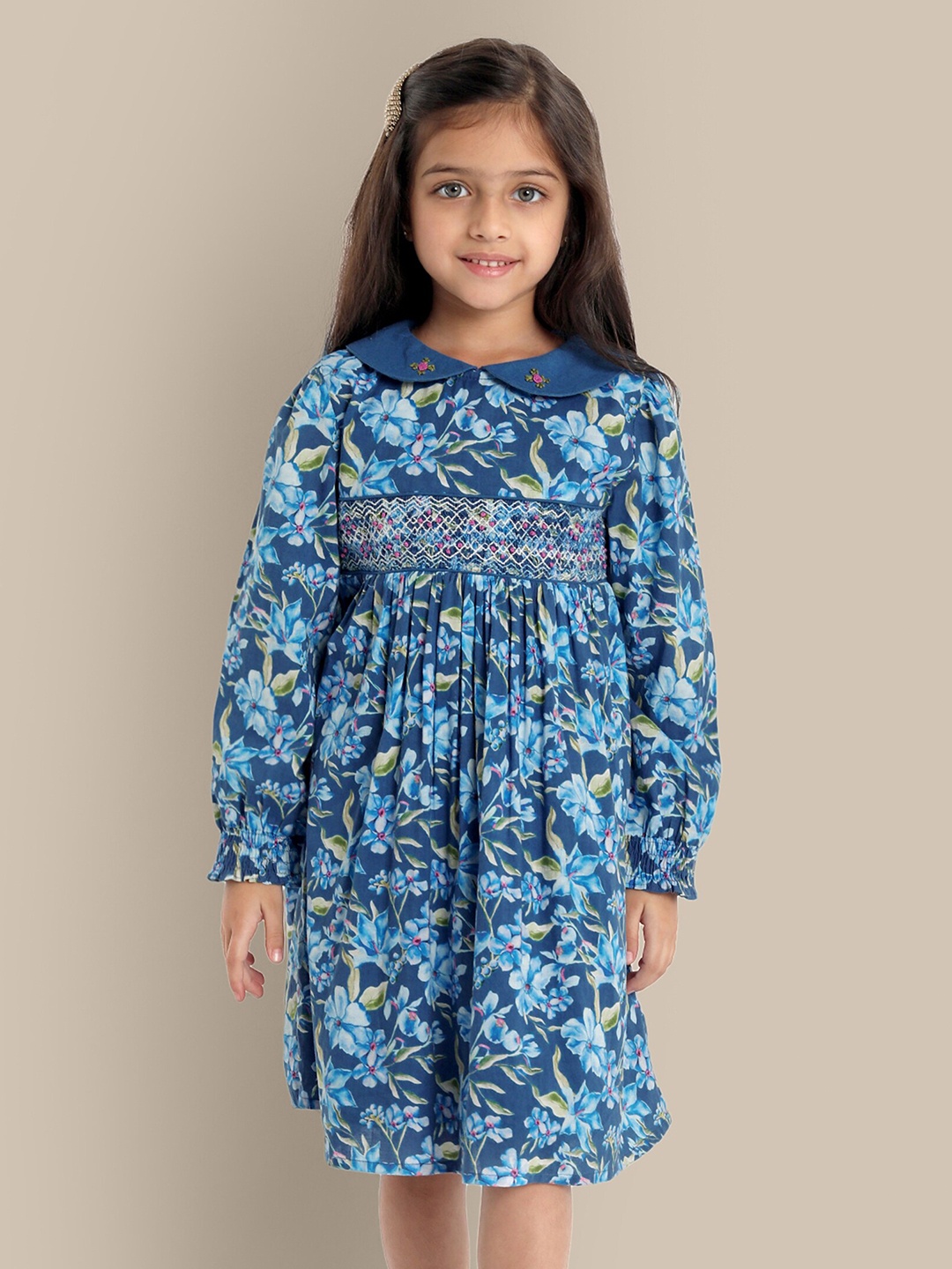 

The Tribe Kids Floral Printed Cotton Cuffed Sleeves Flared Fit & Flare Dress, Blue