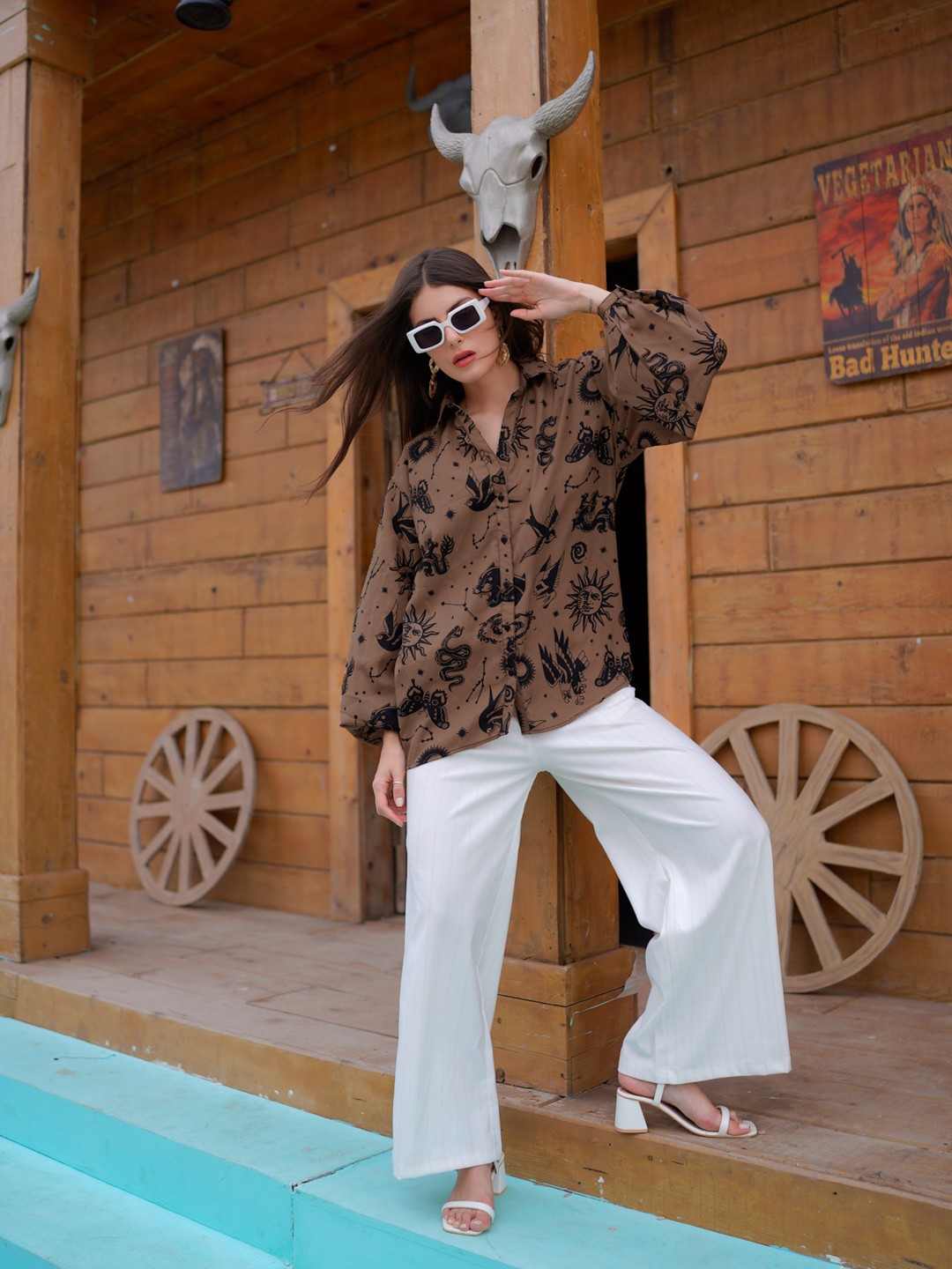 

Stylecast X Hersheinbox Women Oversized Printed Casual Shirt, Brown