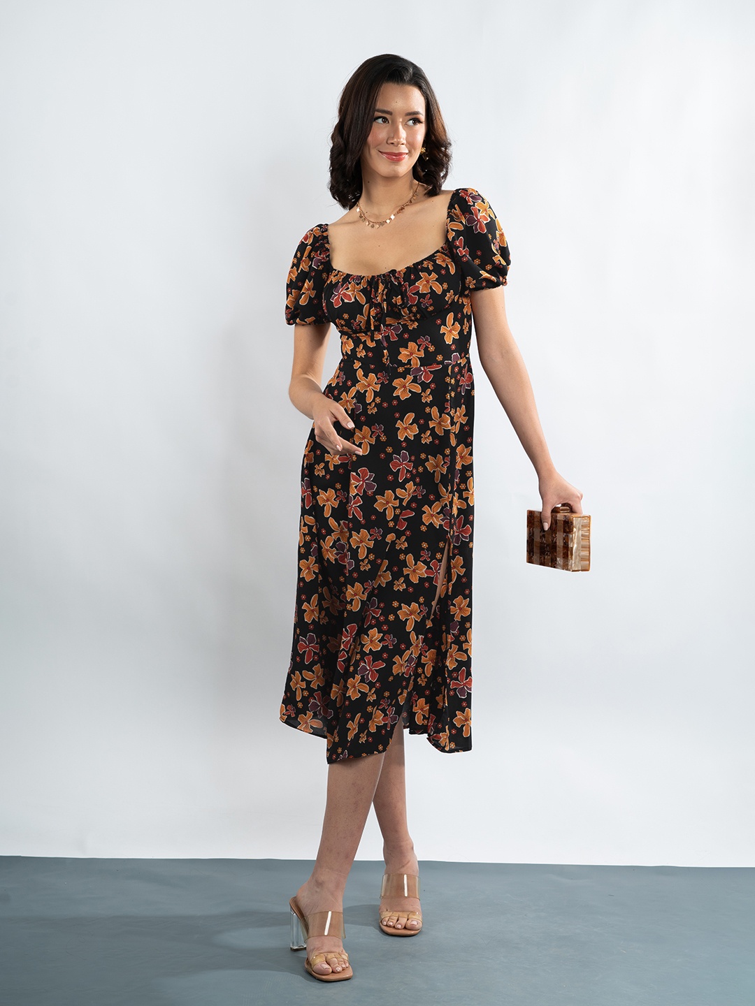 

Stylecast X Hersheinbox Floral Print Georgette A-Line Midi Dress, Black