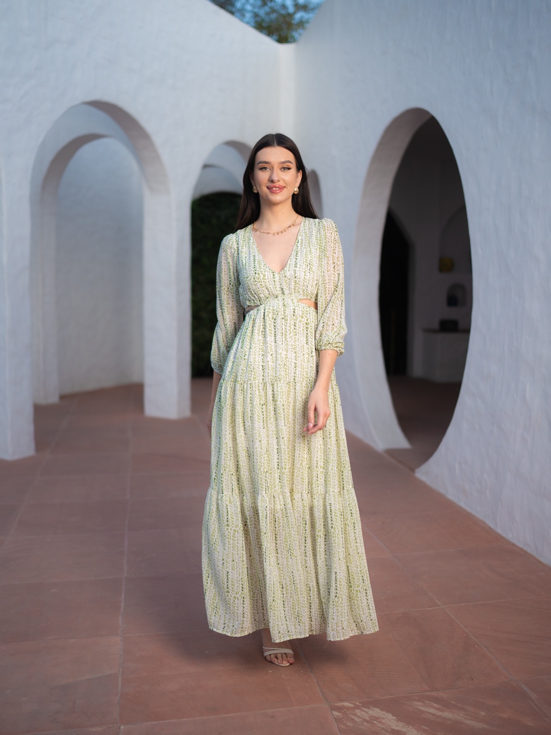 

Stylecast X Hersheinbox Printed Cut-Out Georgette Tiered Maxi Dress, Green