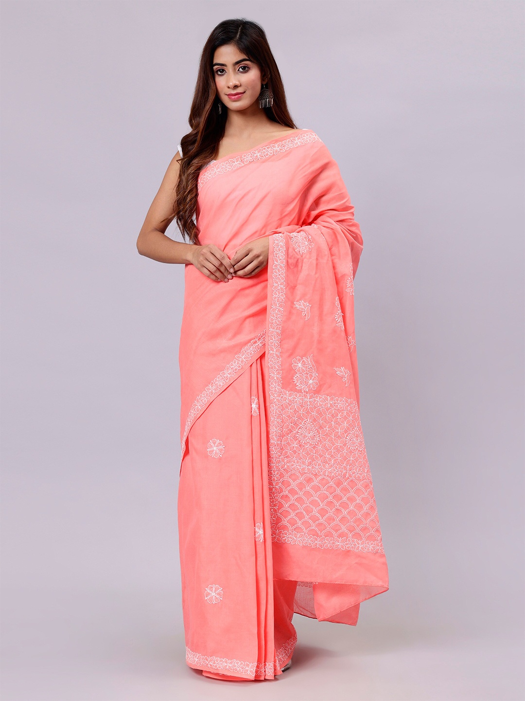 

Seva Chikan Ethnic Motifs Embroidered Chikankari Saree, Peach