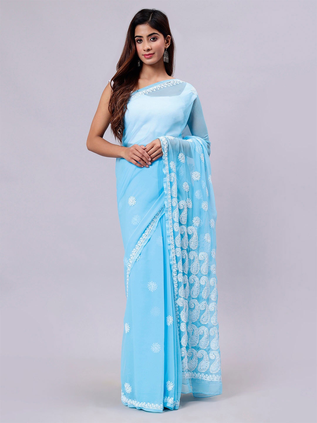 

Seva Chikan Ethnic Motifs Embroidered Chikankari Saree, Blue