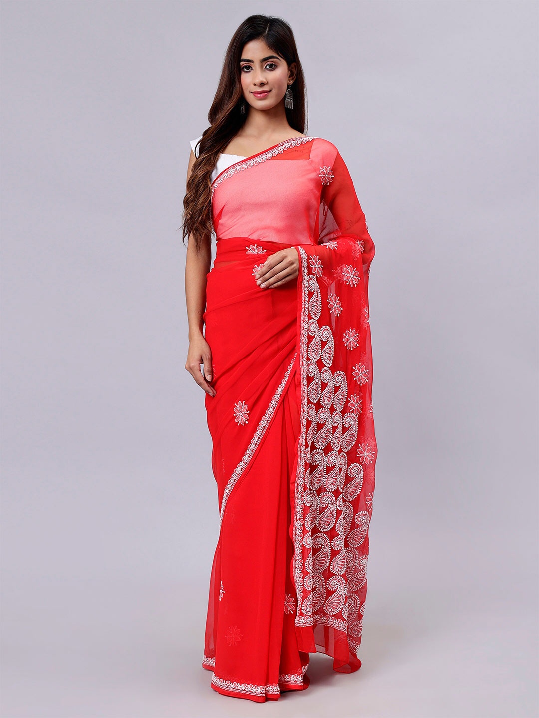 

Seva Chikan Ethnic Motifs Embroidered Chikankari Saree, Red