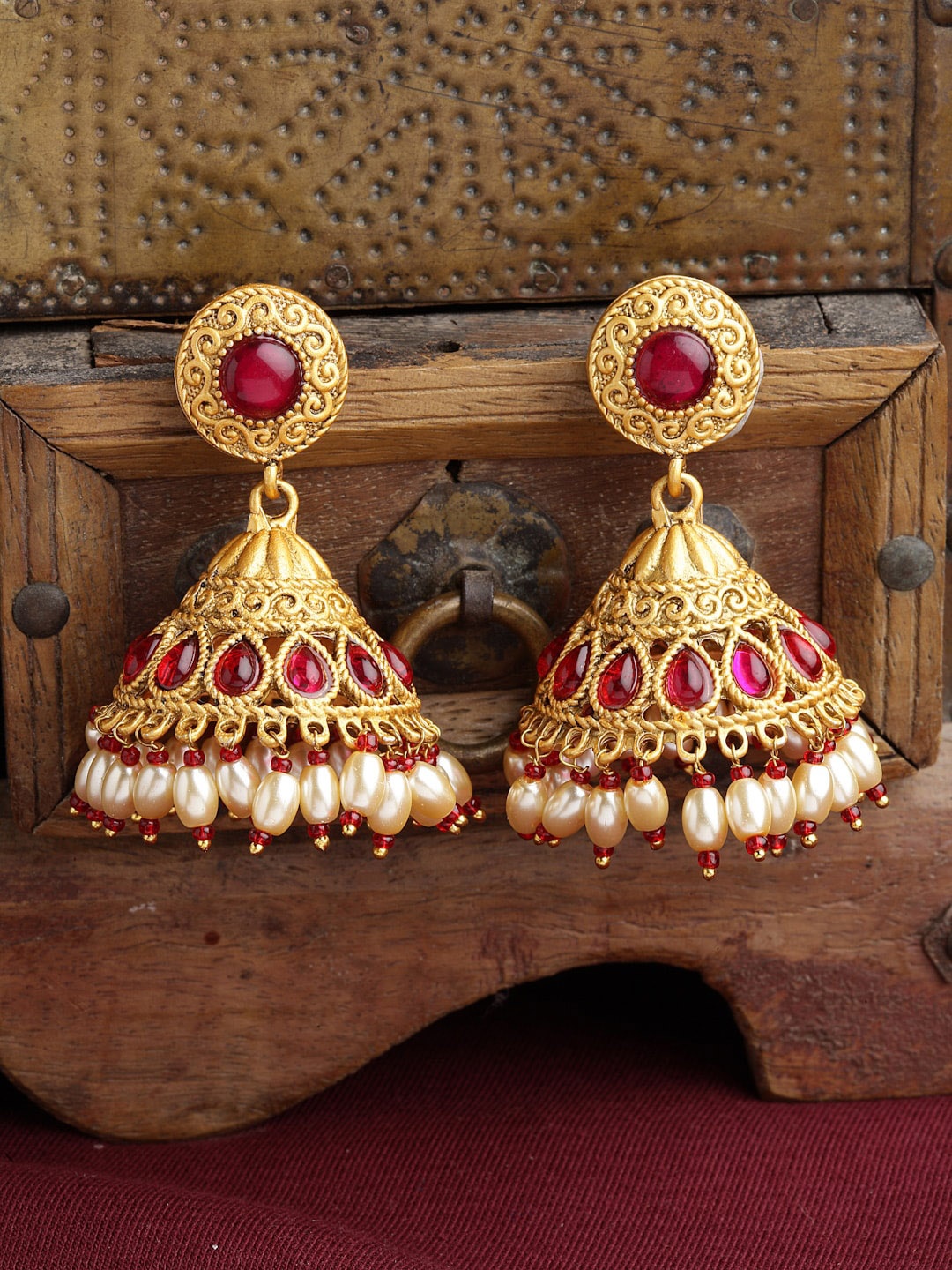

PANASH Floral Shaped Stone Studded & Beaded Jhumkas, Gold