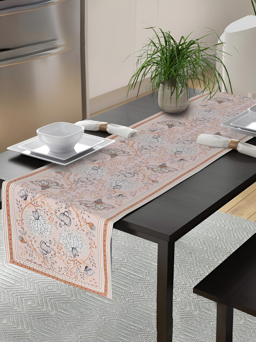 

Ratan Cart Peach-colored & Grey Floral Printed Cotton Table Runner