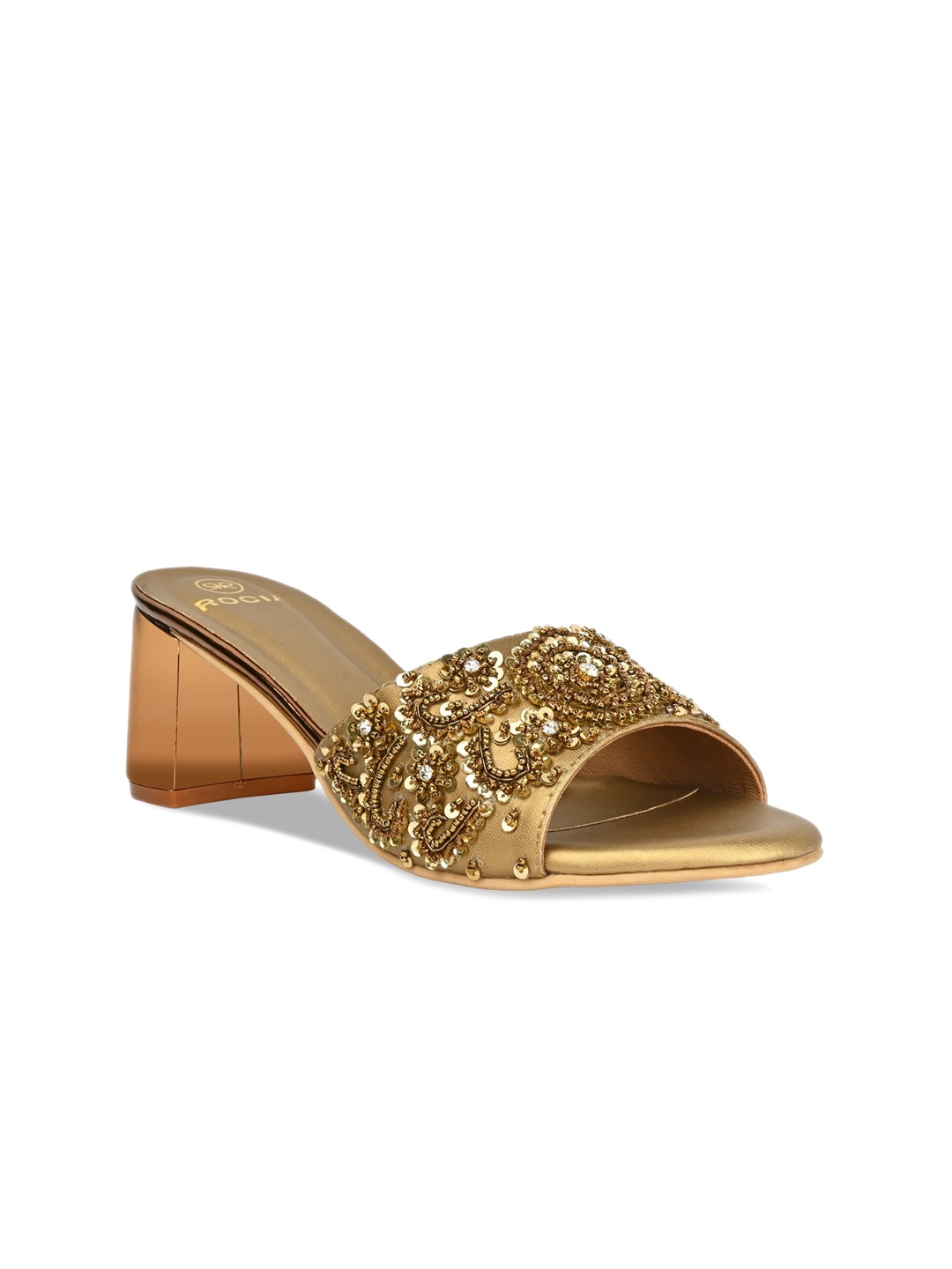 

Rocia Embellished Open Toe Block Heels, Gold