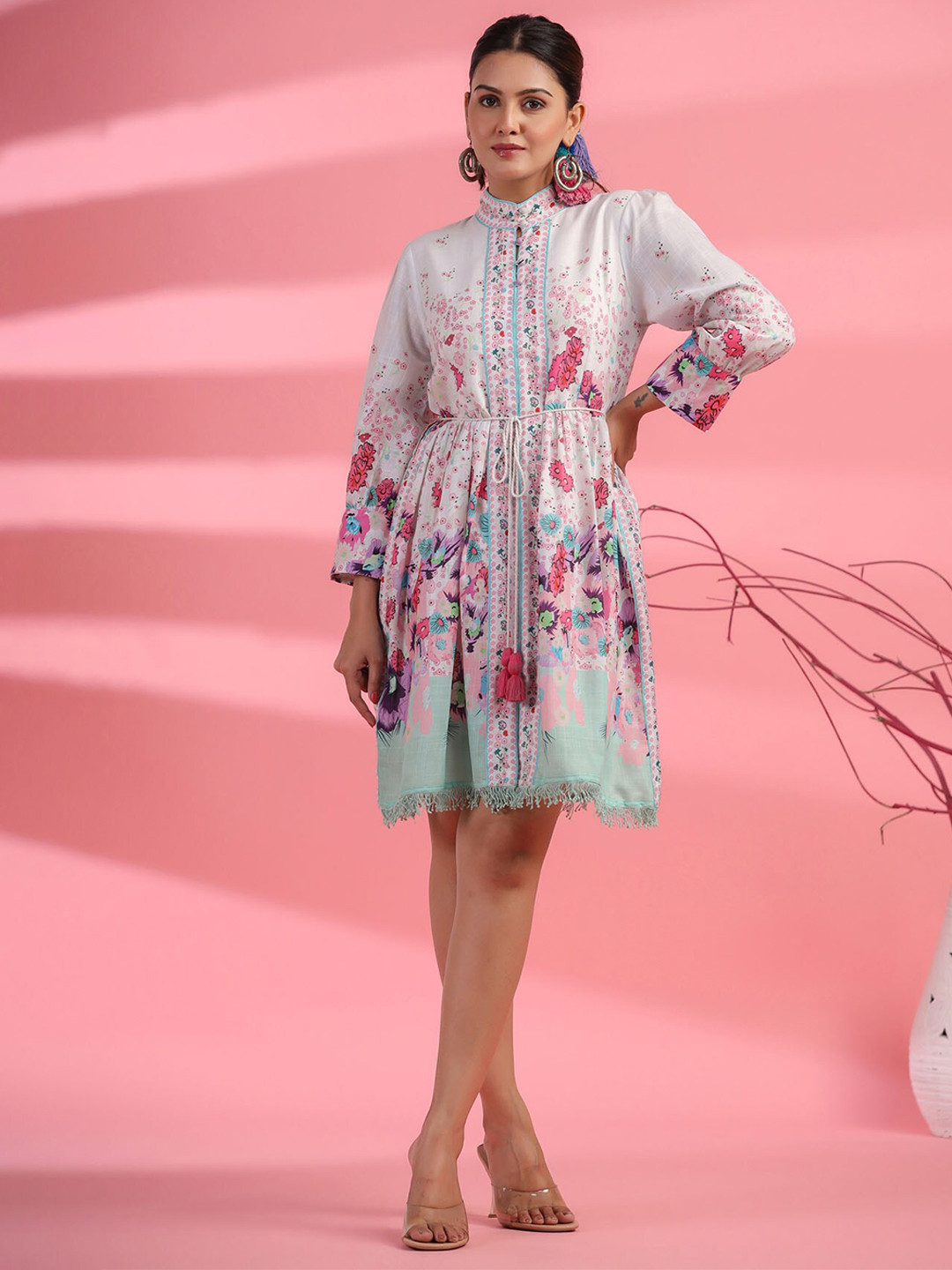 

FASHION DWAR Floral Printed Mandarin Collar Fit & Flare Dress, White