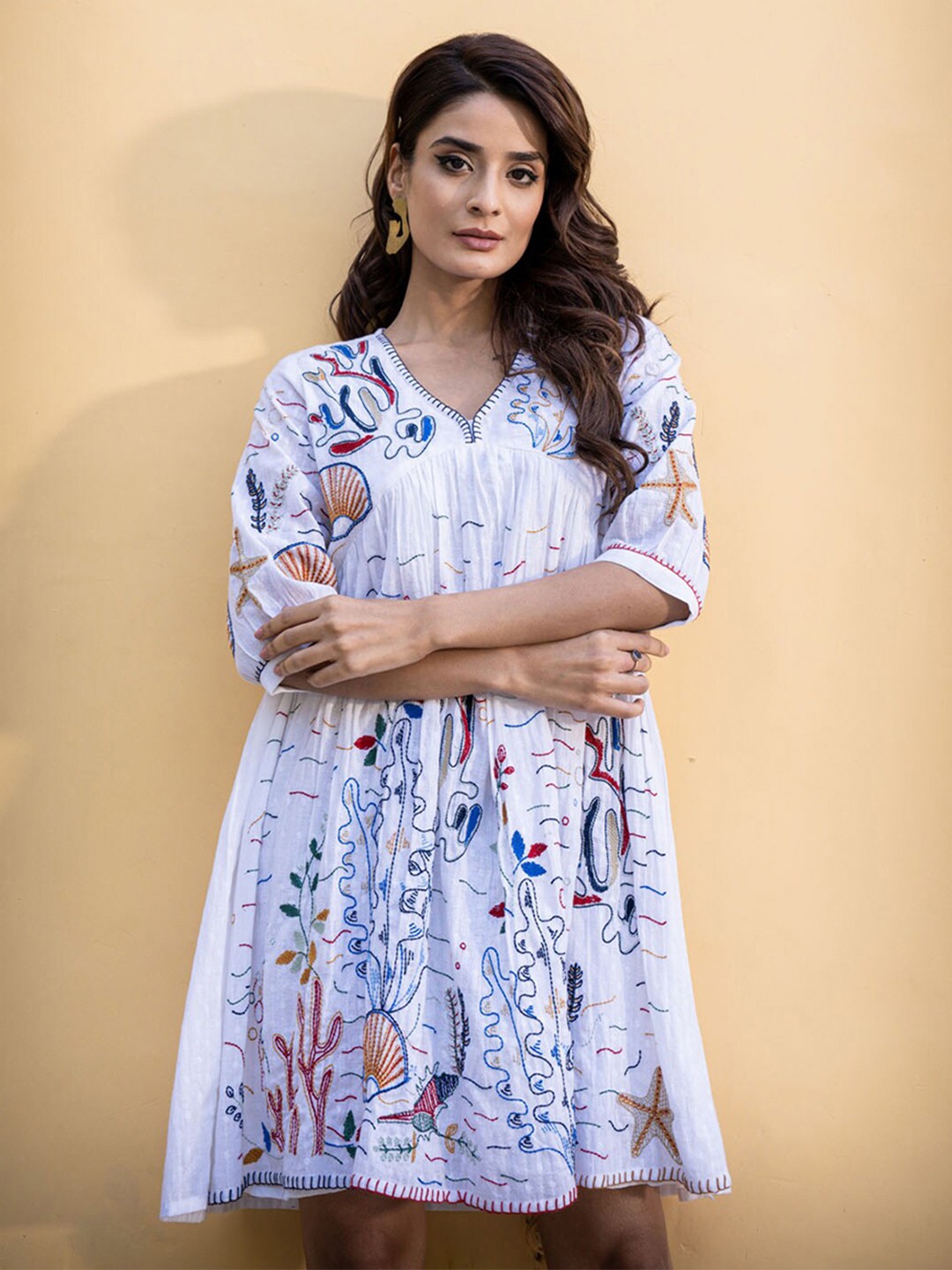 

FASHION DWAR Floral Printed V-Neck Cotton A-Line Dress, White