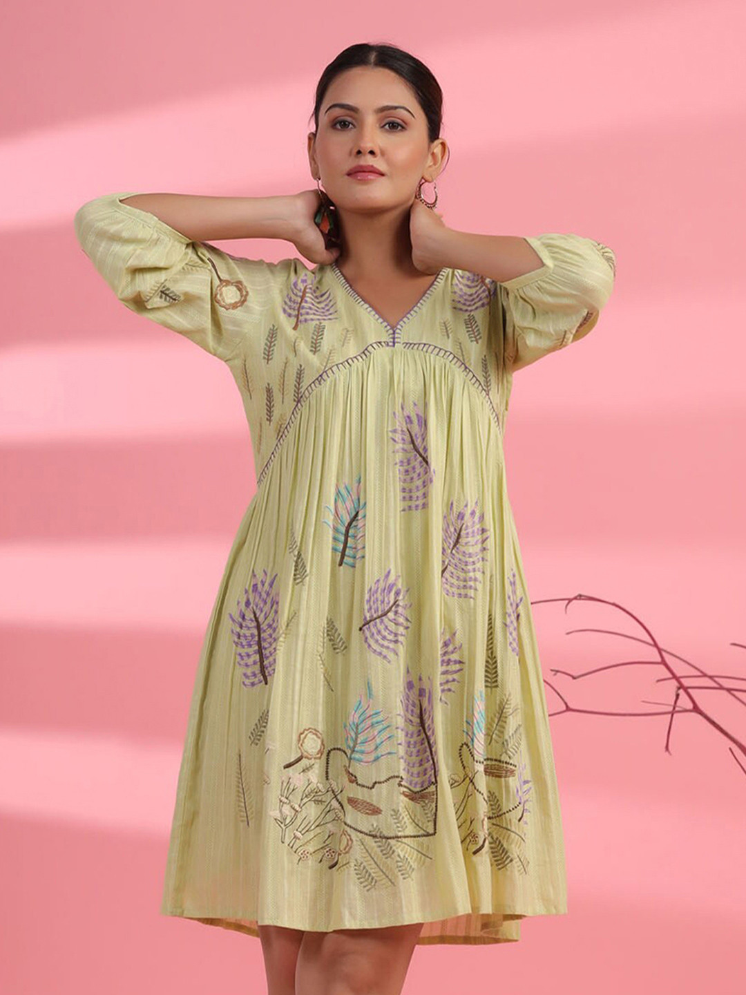 

FASHION DWAR Floral Printed V-Neck Cotton A-Line Dress, Green