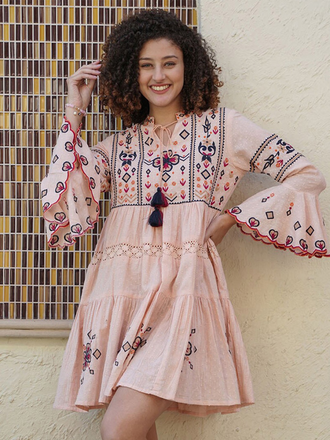 FASHION DWAR Floral Printed Tie-Up Neck Cotton A-Line Dress, Pink