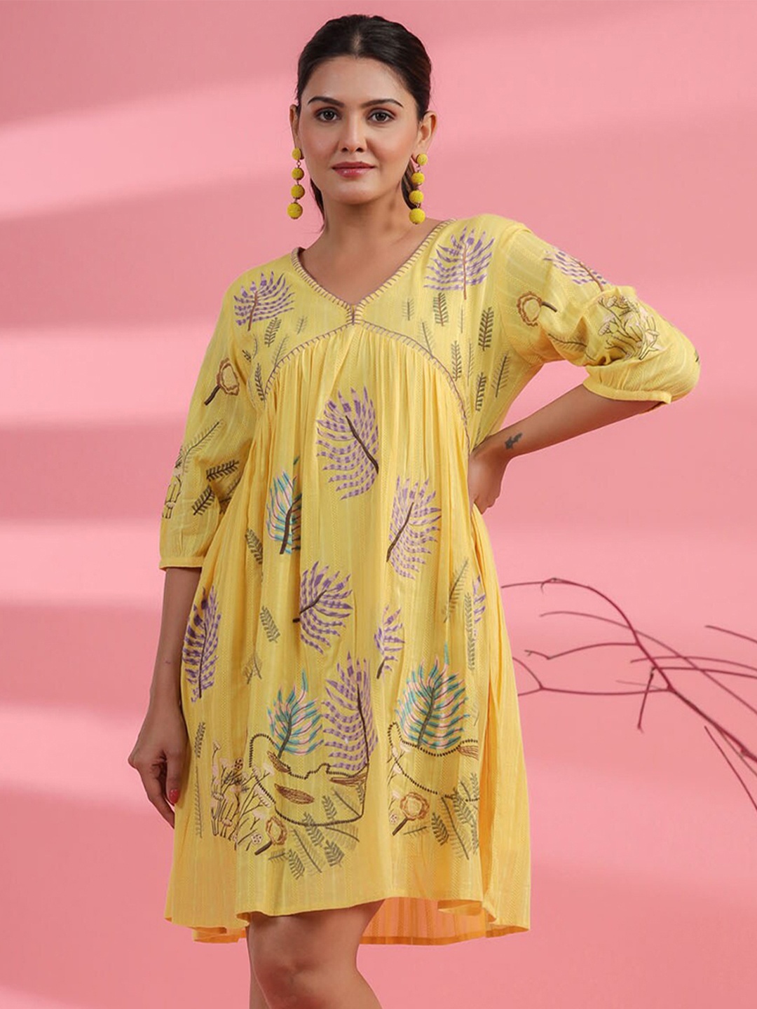 

FASHION DWAR Ethnic Motifs Print A-Line Dress, Yellow