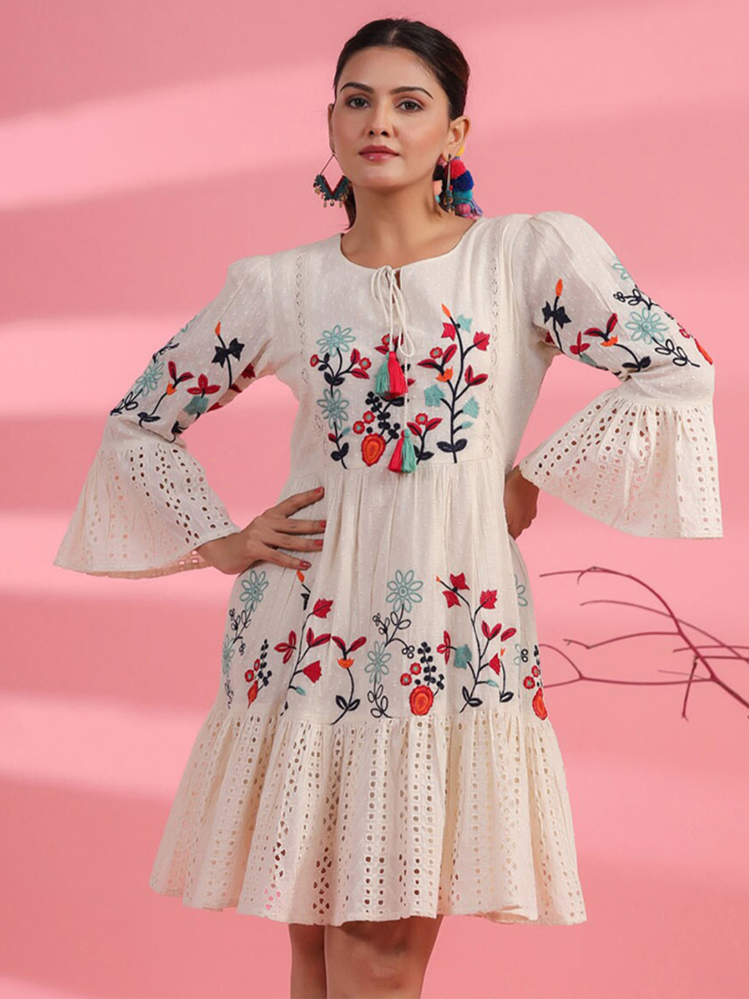 

FASHION DWAR Floral Printed Tie-Up Neck A-Line Dress, Off white