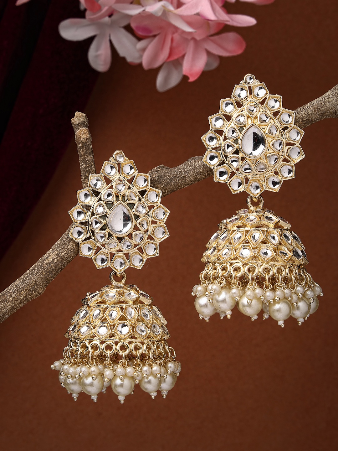

NVR Gold-Plated Dome Shaped Kundan Studded Jhumka