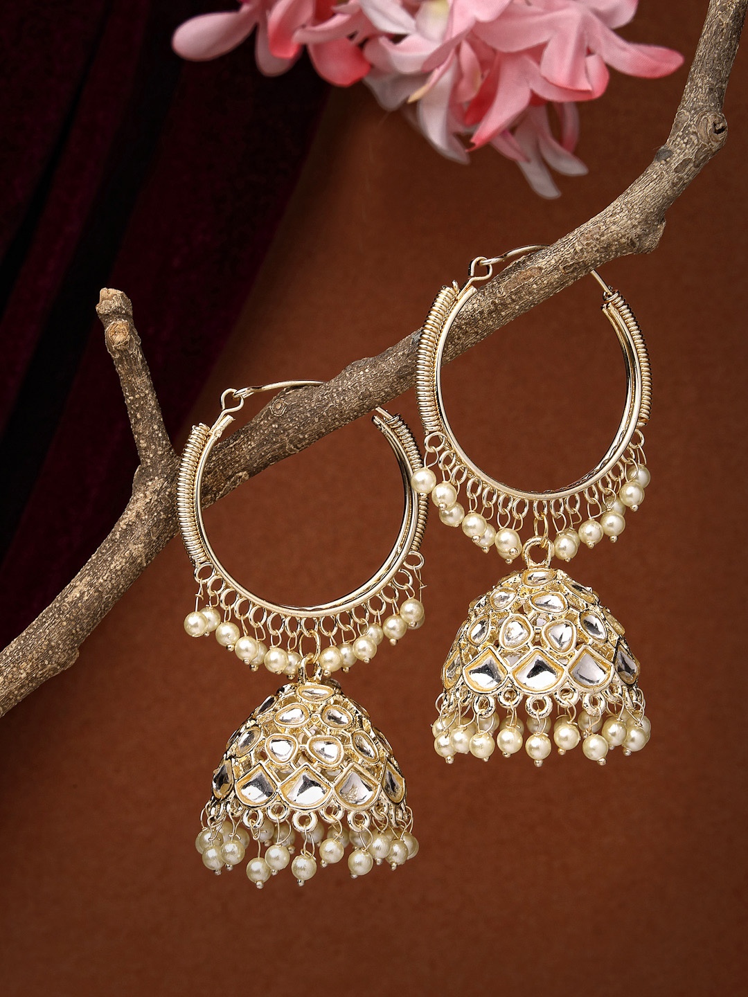 

NVR Gold-Plated Kundan-Studded Dome Shaped Jhumkas