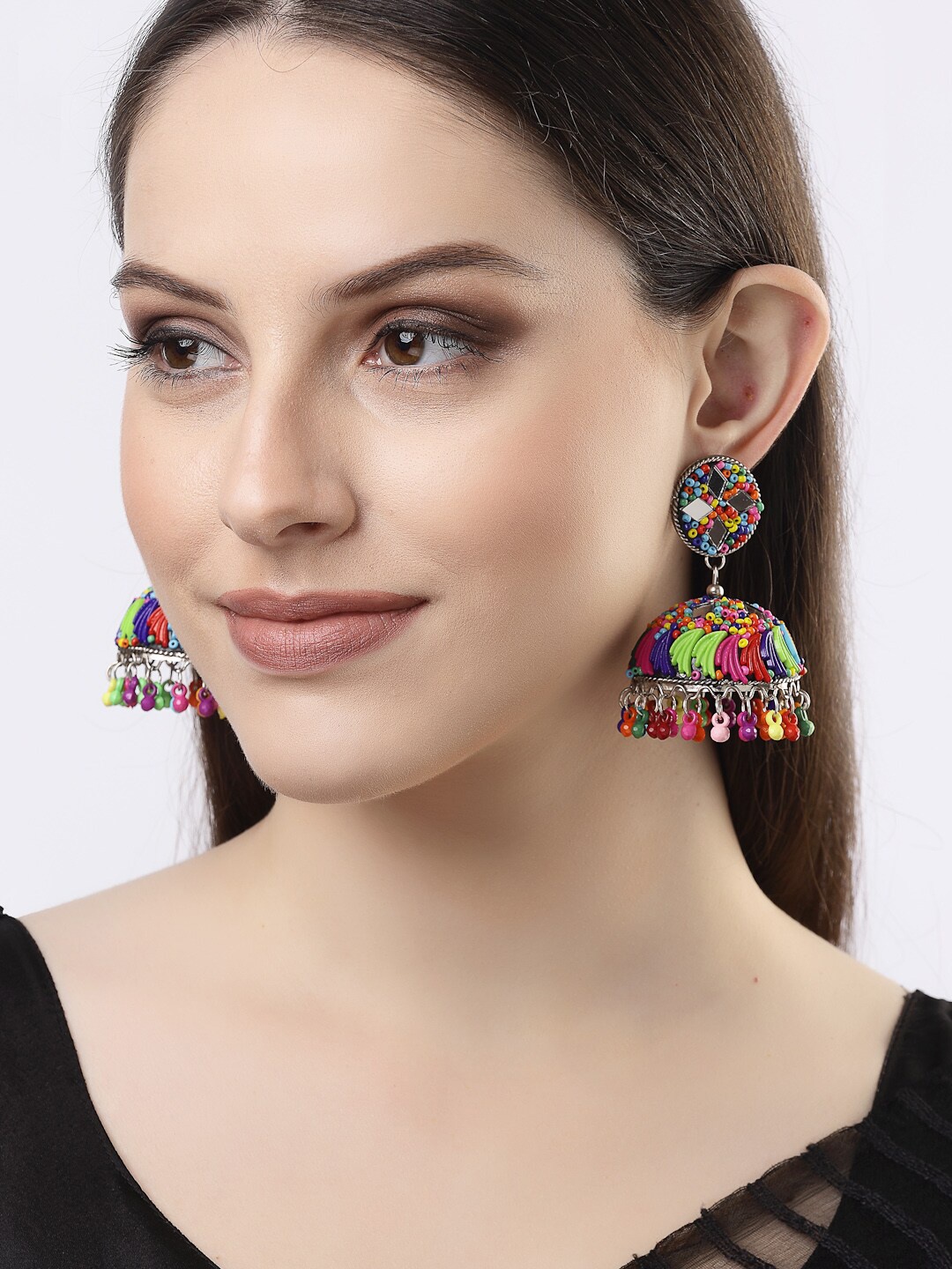 

NVR Brass-Plated Dome Shaped Artificial Beads Jhumkas, Silver
