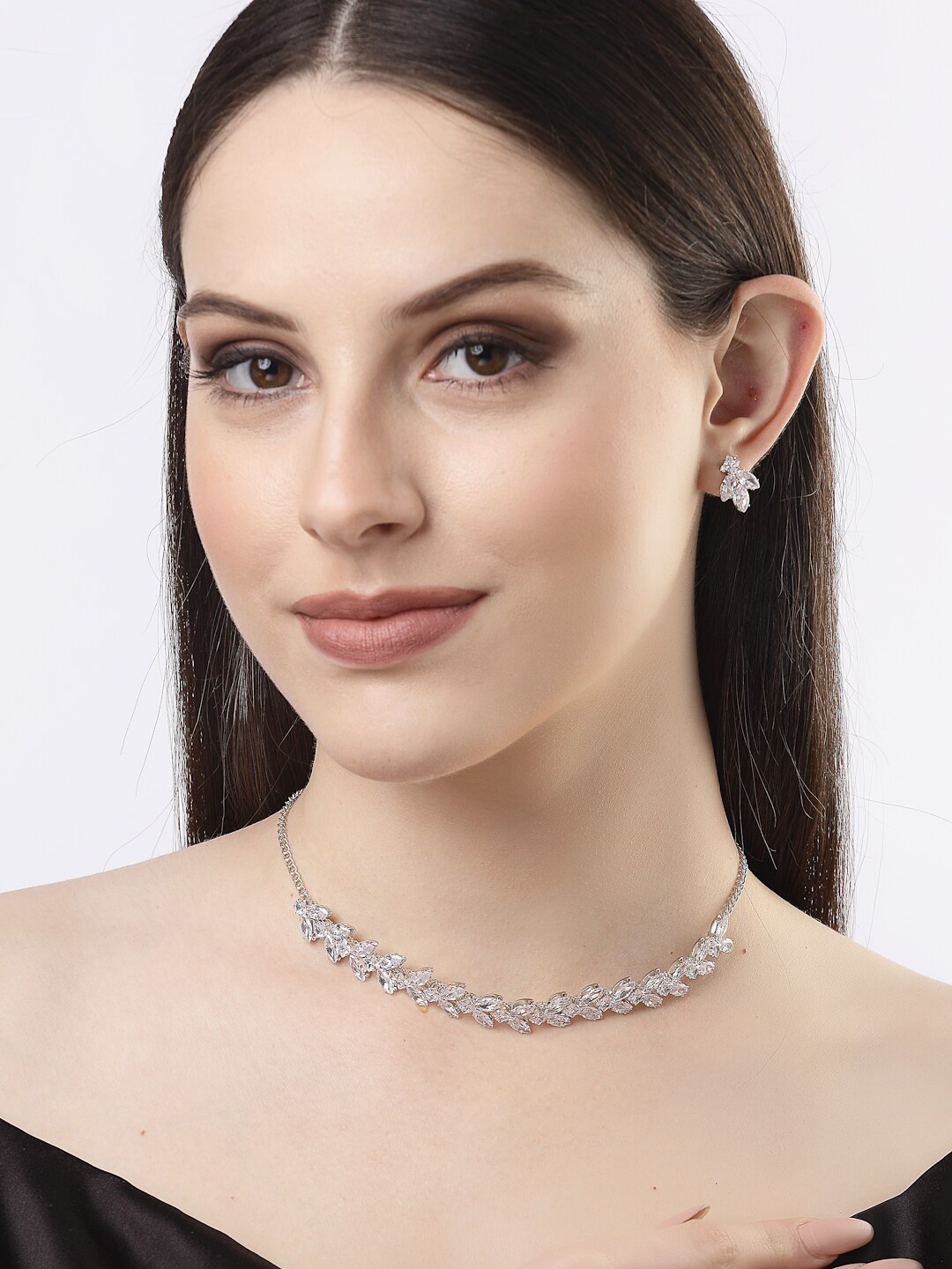 

NVR Women Silver-Plated American Diamond-Studded Jewellery Set