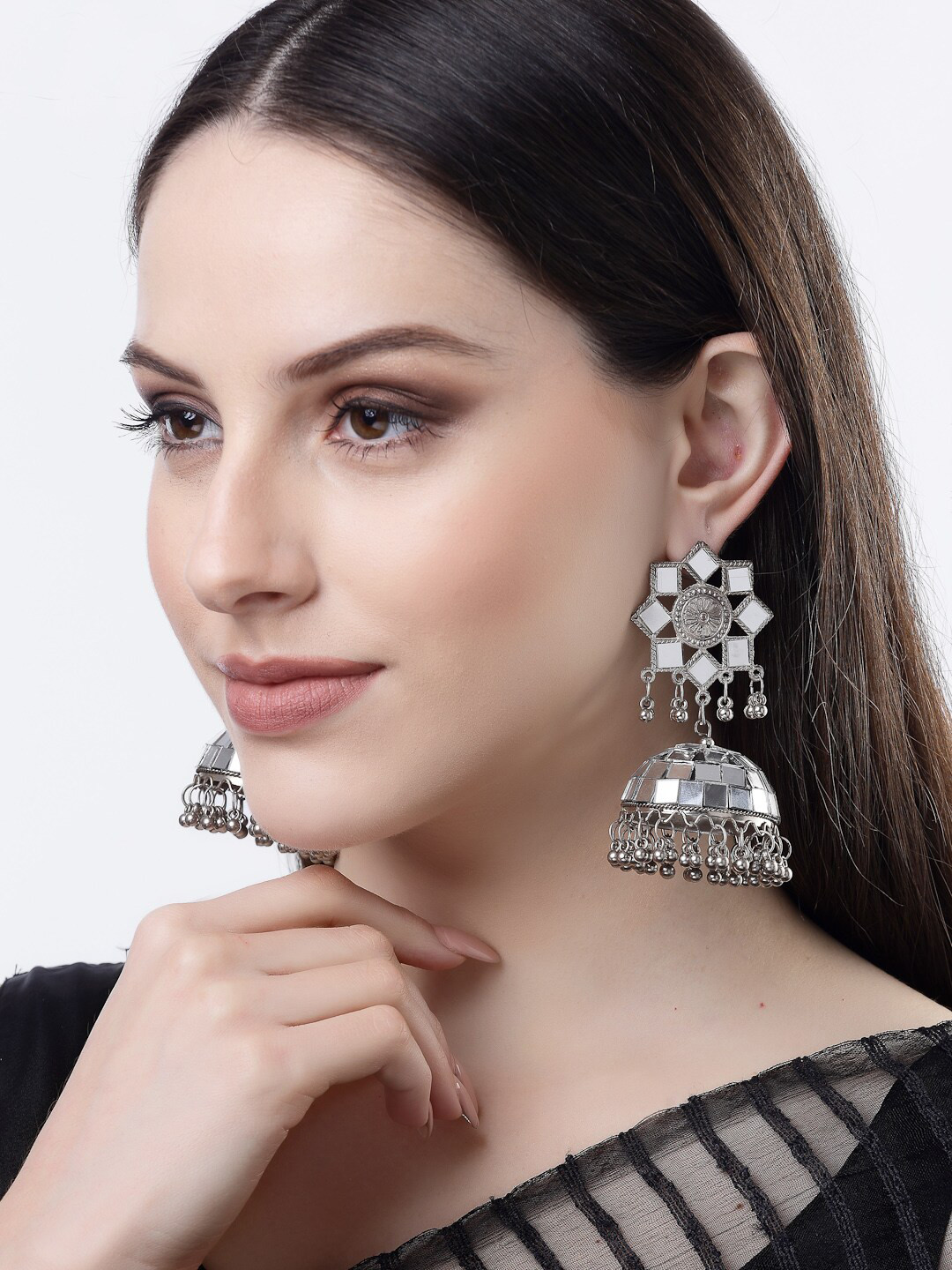 

NVR Women Oxidised Brass-Plated Mirror Work Dome-Shaped Jhumka Earrings, Silver