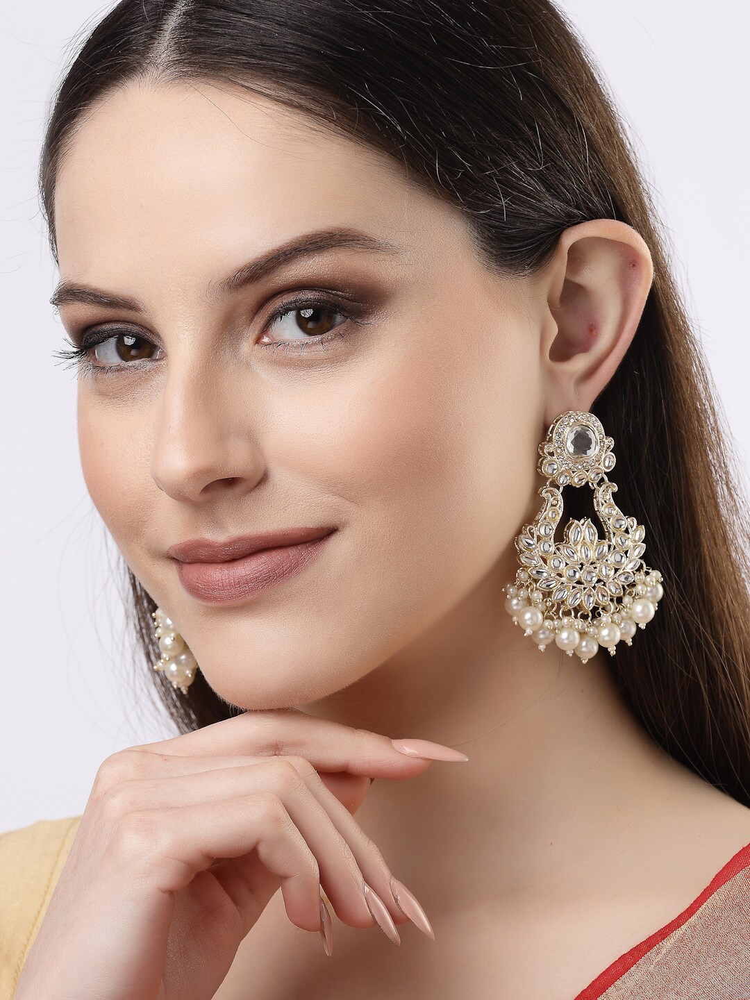 

NVR Gold-Plated Kundan-Studded Contemporary Chandbalis