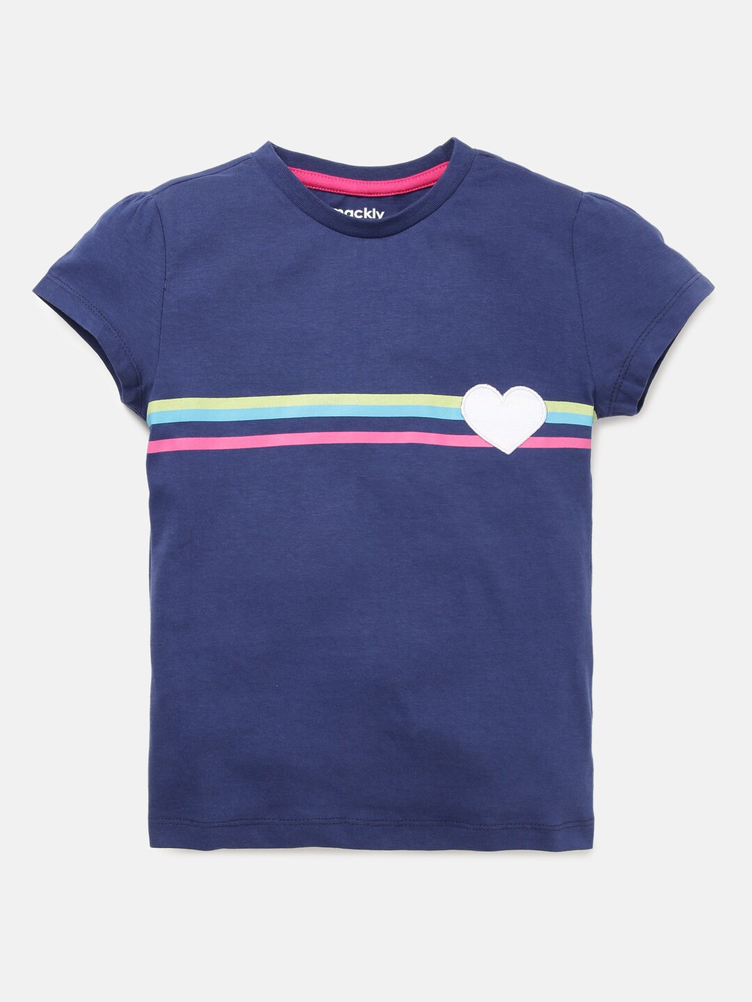 

mackly Girls Striped Puff Sleeves Pure Cotton T-shirt, Navy blue