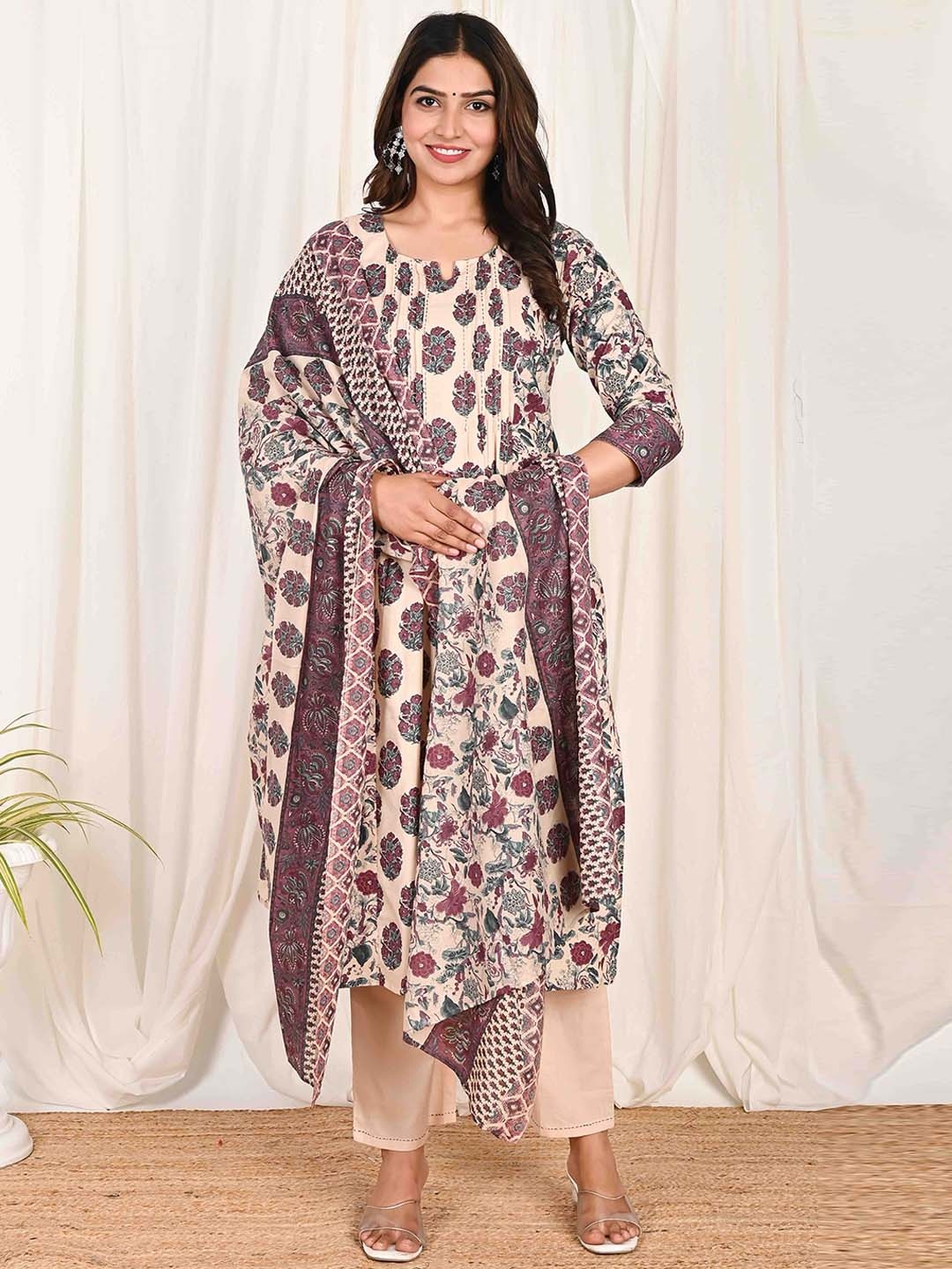 Do Dhaage Floral Printed Thread Work Pure Cotton Straight Kurta with Trousers & Dupatta, Purple