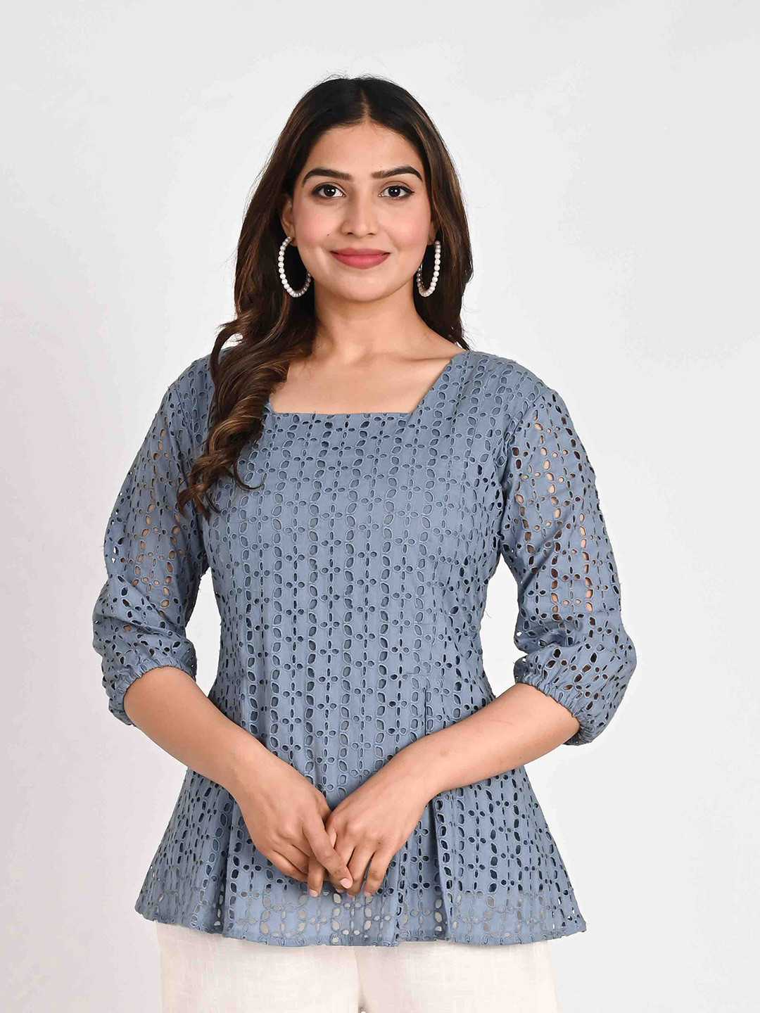 

Do Dhaage Self Design Puff Sleeves A-Line Cotton Top, Blue