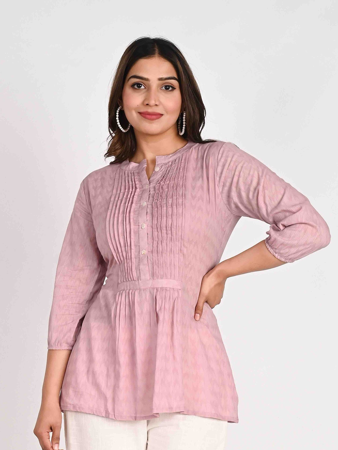 Do Dhaage Mandarin Collar Cotton Pleated Casual Top, Pink