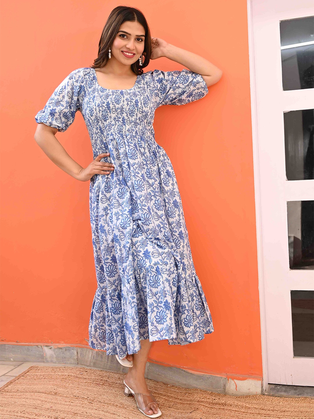 Do Dhaage Floral Printed Cotton Flounce A-Line Midi Dress, Blue