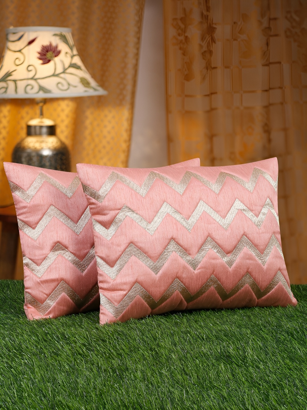 

HOSTA HOMES Pink & Gold-Toned 2 Pieces Embellished Rectangle Cushion Covers